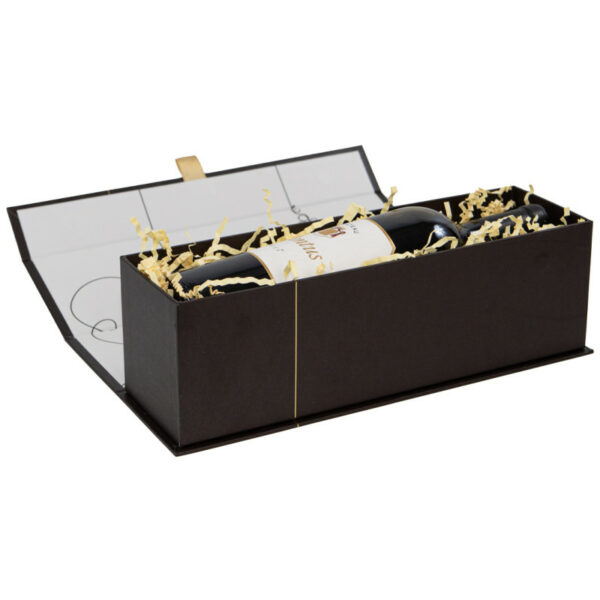 Coffret carton rectangulaire 1 bouteille Chocolat décor doré "Au Fil Du Vin" aimanté ouvert
