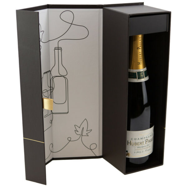 Coffret carton rectangulaire 1 bouteille Chocolat décor doré "Au Fil Du Vin" aimanté ouvert