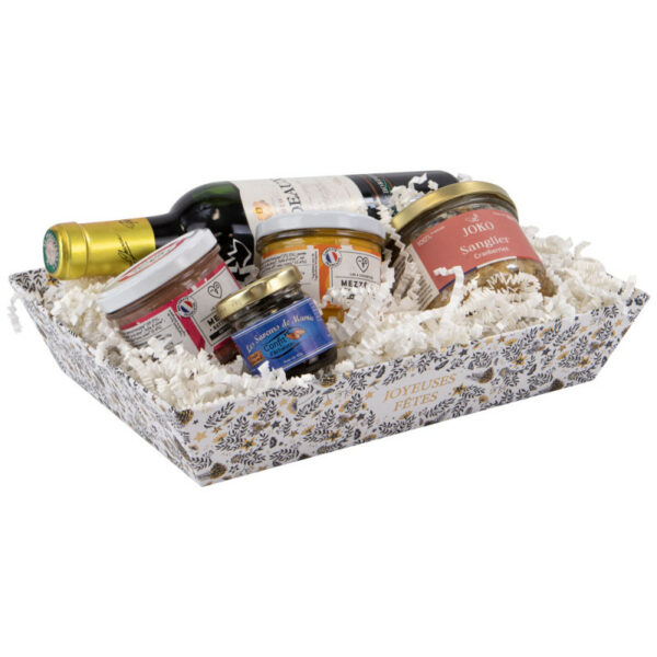 Corbeille Carton Joyeuses Fêtes Noir, Blanc et Doré remplie