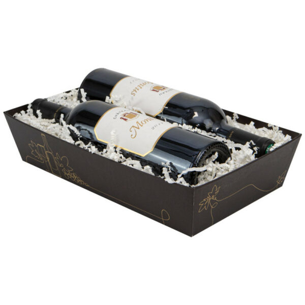 corbeille carton rectangulaire chocolat et doré Au fil du Vin remplie 2 bouteilles modèle M