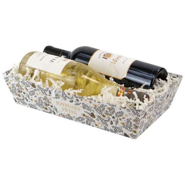 Corbeille Carton Joyeuses Fêtes Noir, Blanc et Doré remplie